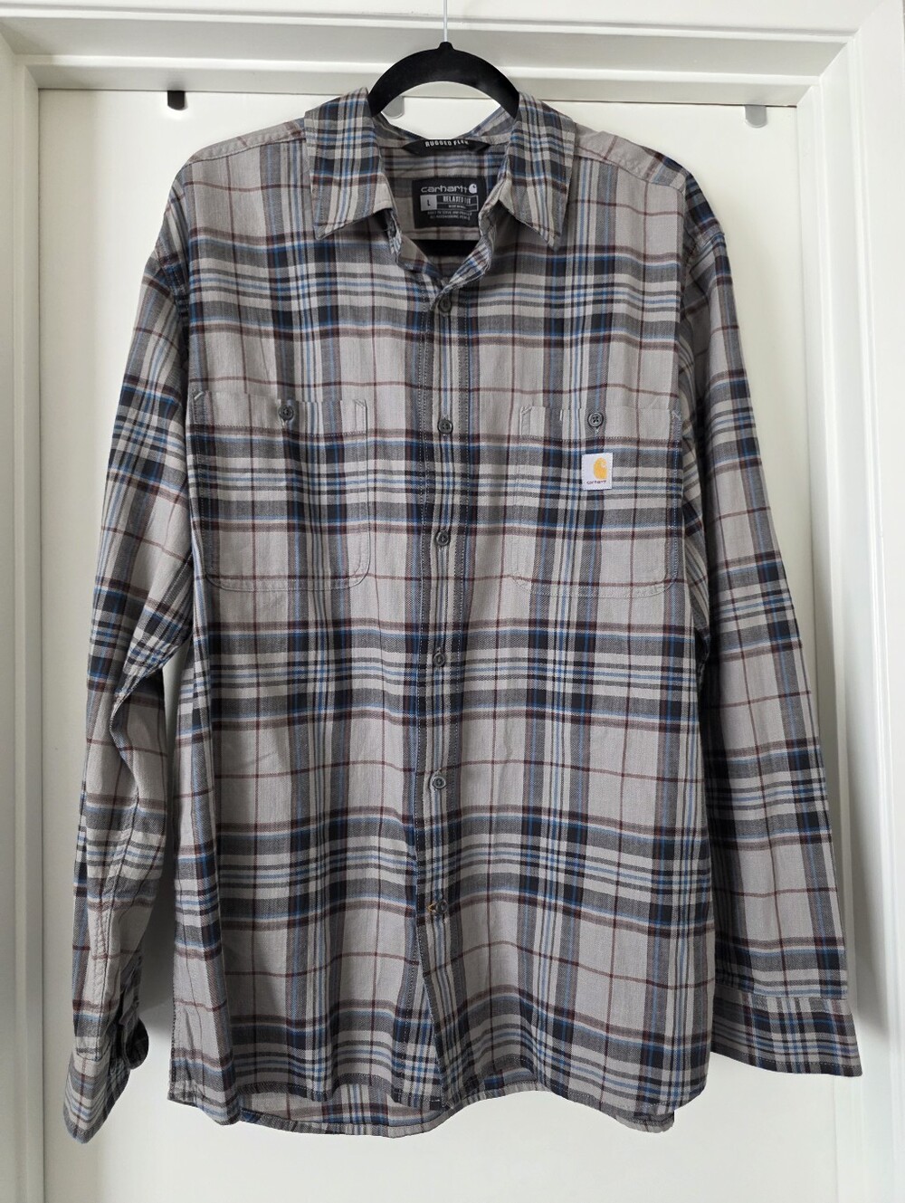 Carhartt Flannel Button Up Shirt Rugged Flex Relaxed Fit Gray Plaid Men Size L